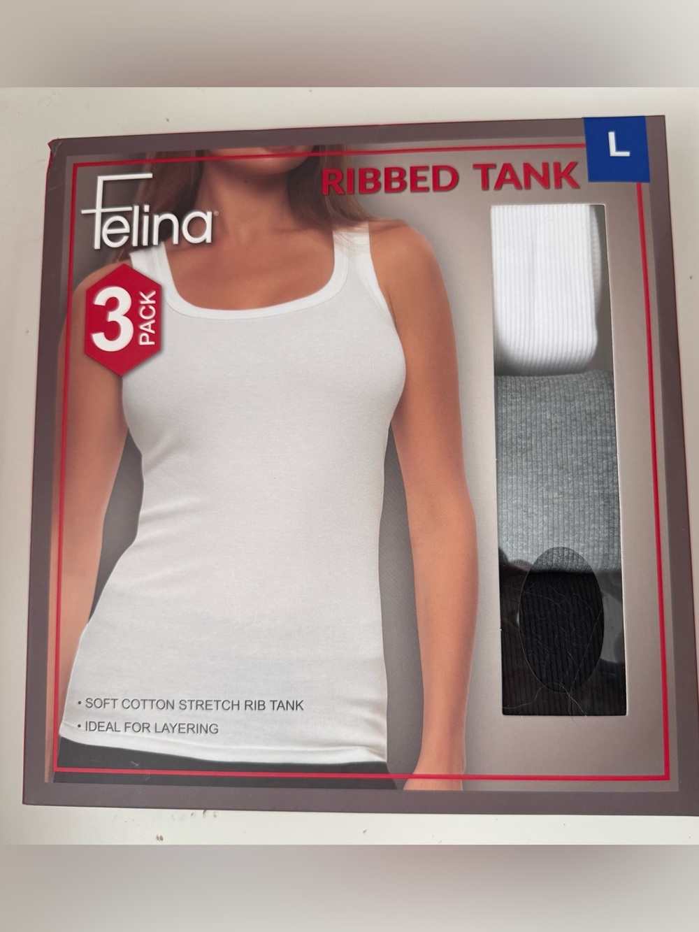 Felina Women's 3-Pack Soft Cotton Stretch Ribbed Tank, Black/White/Gray, Large